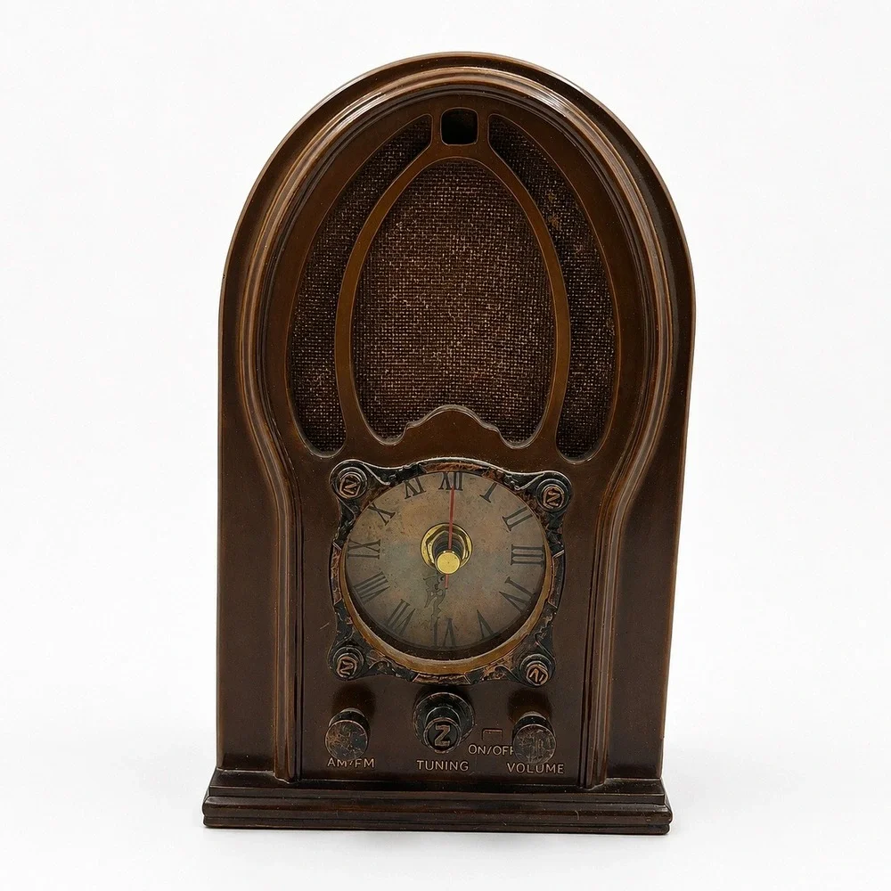 Home Interiors Faux Cathedral Radio Mantel Clock Vtg Style Quartz Tested Brown
